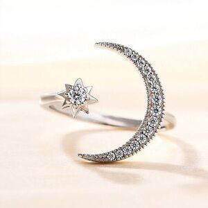 Crescent Moon & Star Open Ring